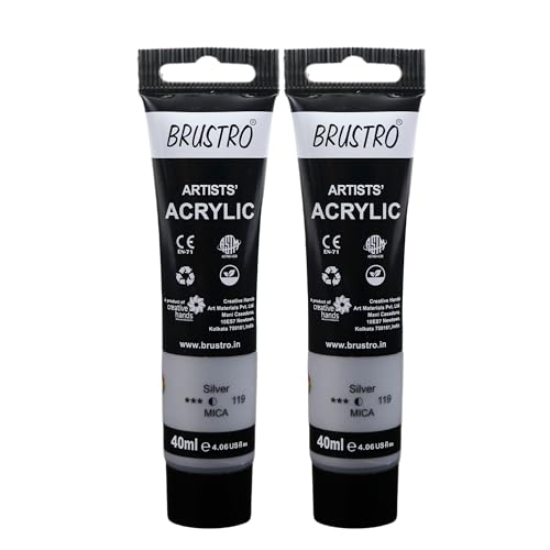 Image of BRUSTRO Artists Acrylic Paint Tube | 40ml, Silver (Pack of 2)|Non-Toxic, Water Based, Inter Mixable, Ideal for Painting, Textured Effects on Canvas, Paper, Fine Art Student and Professionals