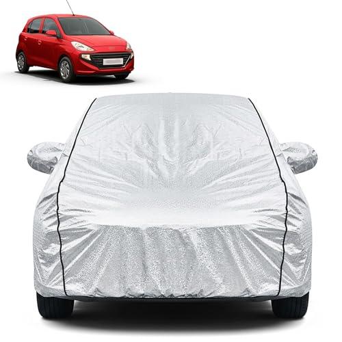 Image of Waterproof Car Cover for Hyundai New Santro | Dustproof, UV Resistant & Scratch Protection | Soft Cotton Lining | Triple Stitched | Mirror Pockets & Elastic Fit | Silver