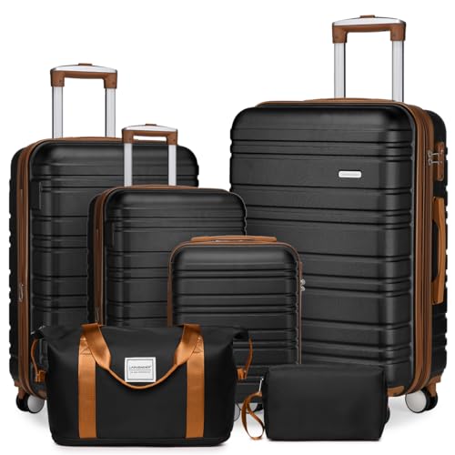 Image of LARVENDER Luggage Sets 6 Piece, Expandable Hardside Carry on Suitcase Set with Spinner Wheels, Lightweight Rolling Luggage Sets for Women with TSA Lock, Black