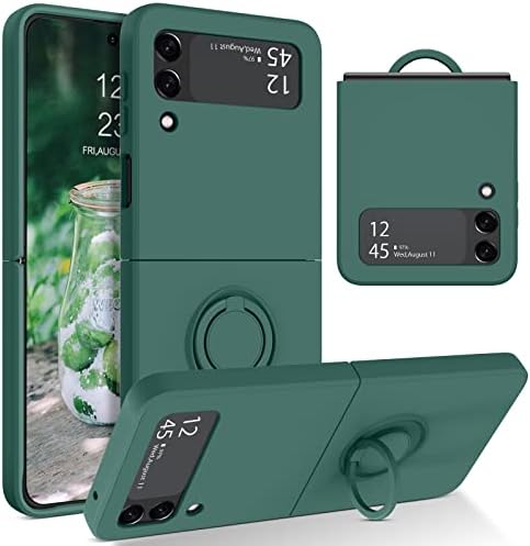 Telaso Samsung Galaxy Z Flip 3 5G Case, Slim Liquid Silicone Kickstand Case with Finger Ring Holder Car Mount Supported Drop Protection Shockproof Galaxy Z Flip 3 5G Case for Women, Midnight Green