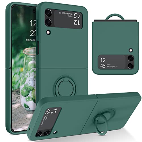 Telaso Samsung Galaxy Z Flip 3 5G Case, Slim Liquid Silicone Kickstand Case With Finger Ring Holder Car Mount Supported Drop Protection Shockproof Galaxy Z Flip 3 5G Case For Women, Midnight Green #TOP19