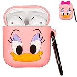 Punswan Daisy Duck Airpod Pink Case for Airpods 1&2,Cute 3D Funny Cartoon Character Soft Silicone Catalyst Cover,Kawaii Fun Cool Keychain Design Skin,Fashion Cases for Girls Kids Boys Air pods