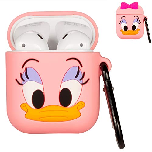 Punswan Daisy Duck Airpod Pink Case for Airpods 1&2,Cute 3D Funny Cartoon Character Soft Silicone Catalyst Cover,Kawaii Fun Cool Keychain Design Skin,Fashion Cases for Girls Kids Boys Air pods
