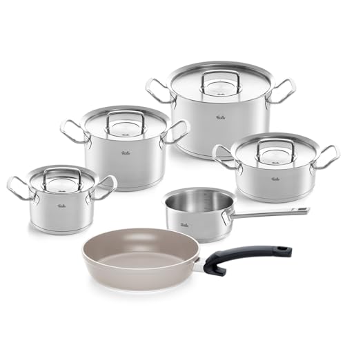 Fissler Original-Profi Collection Juego de 6 ollas de acero inoxidable con tapadera metálica + sartén cerámica Ceratal Comfort de 24 cm, inducción