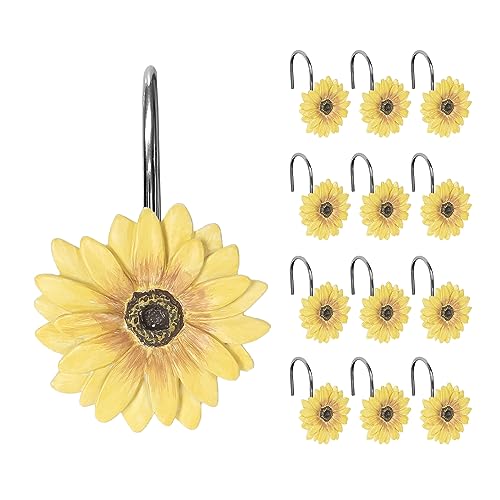 Sunlit Yellow Sunflower Shower Curtain Hooks Home Decorative Shower Curtain Rings for Bathroom Resin Summer Floral Shower Curtain Hanger Hooks for Living Room Set of 12