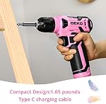 DEKOPRO 8V Perceuse sans fil, ensemble de perceuse avec glissière sans clé de 3/8 po, 42pcs Acesseurs, intégrés LED, Câble de charge de type C, perceuse de puissance rose pour le forage et les vis de serrage