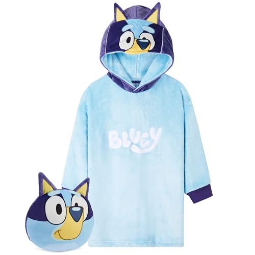 Bluey Blanket Hoodie for Kids Cozy Warm Fleece Wearable Blanket Girls Gifts (Blue Cushion, 2-4 Years)