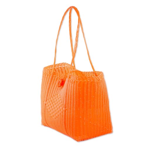 NOVICA Artisan Handwoven Tote Eco Friendly in Tangerine from Guatemala Handbags Orange Shoulder Patterned Recycled ' Undeniable Beauty in Tangerine'2