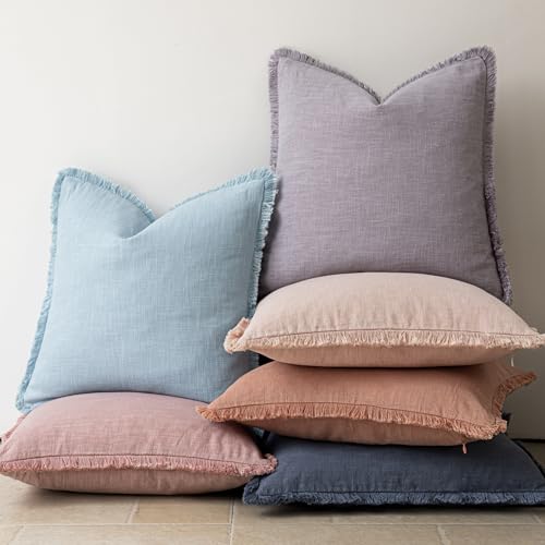 Image of Foindtower Set of 2 Decorative Linen Fringe Throw Pillow Covers Cozy Boho Farmhouse Cushion Cover with Tassels Soft Accent Pillowcase for Couch Sofa Bed Living Room Home Decor,18x18 Inch,Light Purple