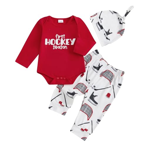 Infant Baby Boy First Hockey Season Outfit Red Black Bodysuit Hockey Print Pants And Beanie 3 Piece Set
