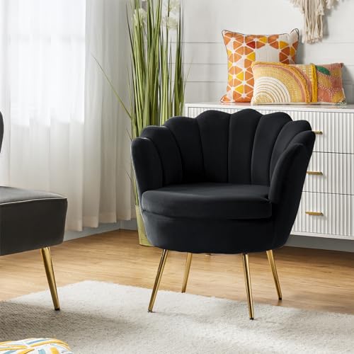 Image of HULALA HOME Modern Velvet Accent Chair with Shell Shaped Back, Cute Living Room Bedroom Armchair Sofa Chair with Gold Legs, Comfy Upholstered Vanity Chair for Makeup Room, Black