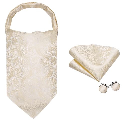 Image of Barry.Wang Ascot Ties Cravat Tie Men Paisley Plaid Scarf Self Tie Pocket Square Cufflinks Set Wedding Party