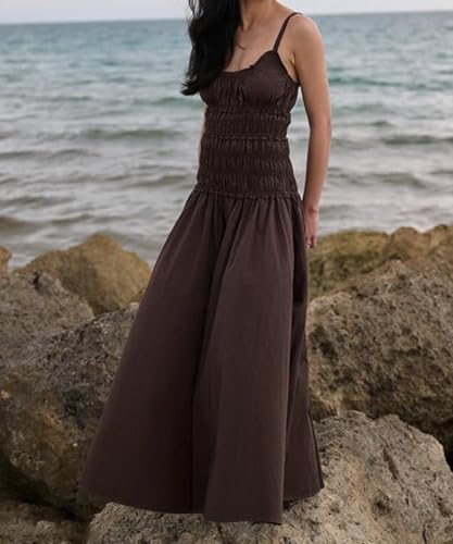 Women's Summer Dresses 2025 Spaghetti Strap Maxi Dress Scoop Neck Ruffle Ruched Flowy Beach Vacation Long Sundress4