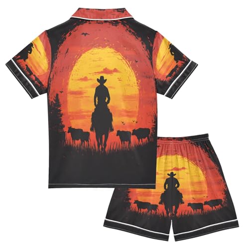 ALAZA Cowboy Herd Sunset Satin Pajamas Set Short Sleeve Button Down Sleepwear Summer Pjs 2 Piece2