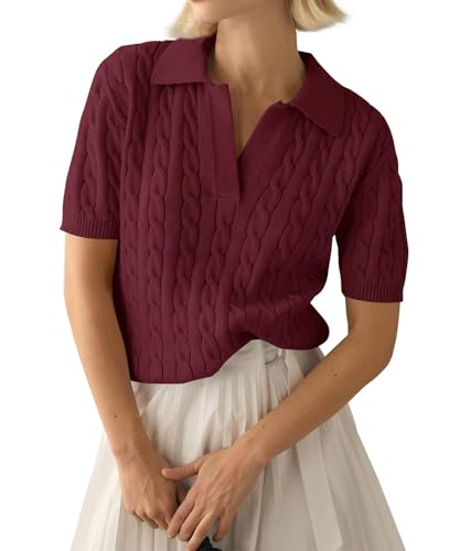 LACOZY Womens Short Sleeve Sweater Tops Lapel V Neck Polo Shirts Cable Knit Sweaters Business Casual Outfits Red
