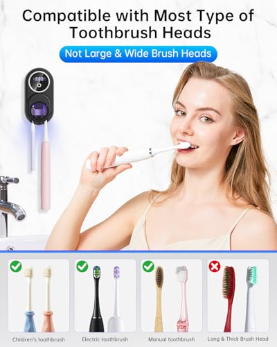 Image of Toothbrush Holder & Toothbrush Cleaner, UV Toothbrush Sanitizer and Holder 2 Slots, Cleaning and Fan & Heat Drying, LED Smart Screen, Wall Mounted Tooth Brush Holder for Bathrooms (Black)