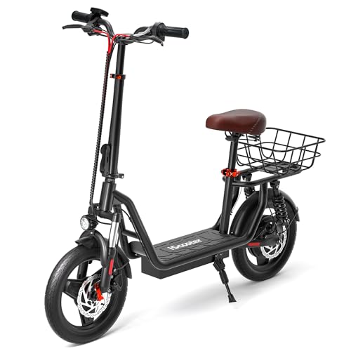 iScooter Electric Scooter with Seat, 37/21 Miles Long Range & 28/19/15.6 MPH Top Speed, 14"/12"/10" Pneumatic Tire, Height Adjustable Seat & Handlebar, Dual Suspensions Commuting Scooter wit