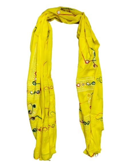 Image of Women Dupatta Yellow with Mirror Work Embroidery