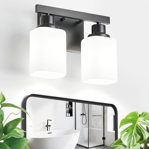 Image of 2 Light Bathroom Vanity Light,Matte Black Vanity Lights with Clear Glass,Bathroom Lighting Fixtures Over Mirror,Wall Light Fixtures for Living Room,Bedroom,Hallway(E26 Base)