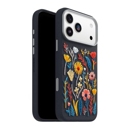 Image of OtterBox iPhone 17 Pro Max Symmetry Series Cactus Leather Embroidery Case - Enchanted Garden - Blue - Textured, Embroidered Floral Artistic iPhone Case