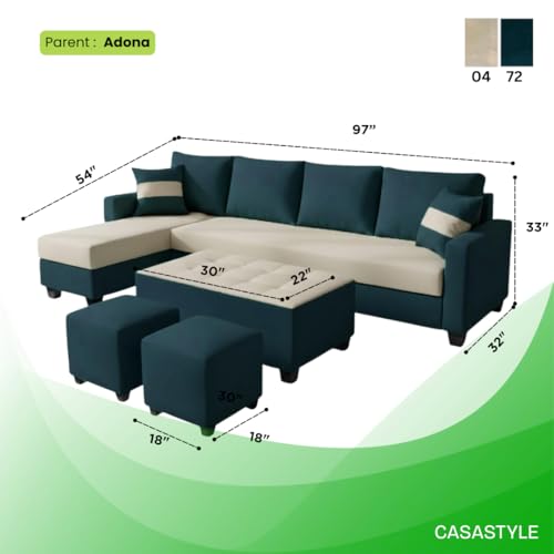 Image of CASASTYLE Adonway 8 Seater Fabric LHS L Shape Sofa Set (Cream-Greenish Teal) Premium Velvet Finish | Ideal for Living Rooms