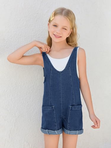Image of Haloumoning Girls Denim Overall Shorts Kids Summer Adjustable Straps Jumpsuits Jeans Shortalls 5-14 Years