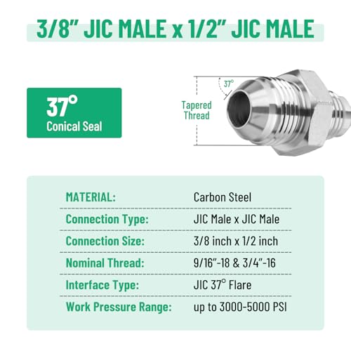 Image of 10 Pack Hydraulic Adapter Fittings: 3 /8 inch JIC Male x 1 /2 inch JIC Male