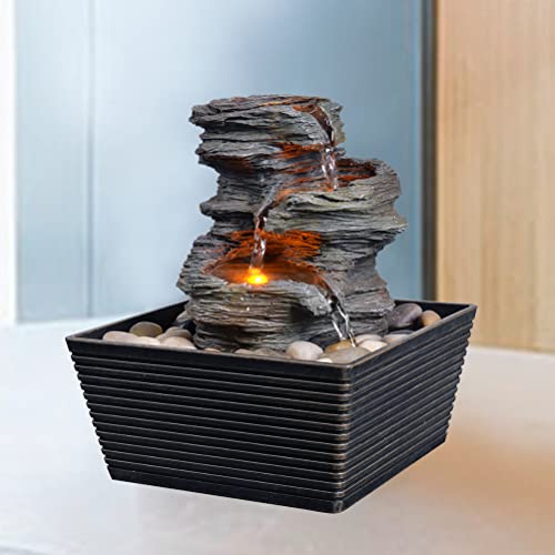 Gossi 3-Tiered Cascading Tabletop Water Fountains With Led Light - Indoor Simulation Rock Waterfall Fountain - Soothing And Relaxing Water Sound - Small 8.3 Inch Desktop Size - Home/Office Decor #TOP5
