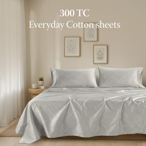 Image of Threadmill 300TC Cotton Queen Sheet Set, Sateen, Jacquard, Light Grey | 100% Cotton, Sateen Weave, Jacquard Pattern, 4-Piece Set, 16 inch Deep Pocket, Cooling, OEKO-TEX Certified, Machine Washable