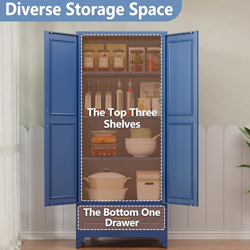 Image of Polup Metal Storage Cabinet,75 inch Tall Kitchen Pantry Storage Cabinet with Doors and Adjustable Shelves, Blue Metal Pantry Cabinets with Drawer, Large Cupboard for Kitchen, Dining Living Room