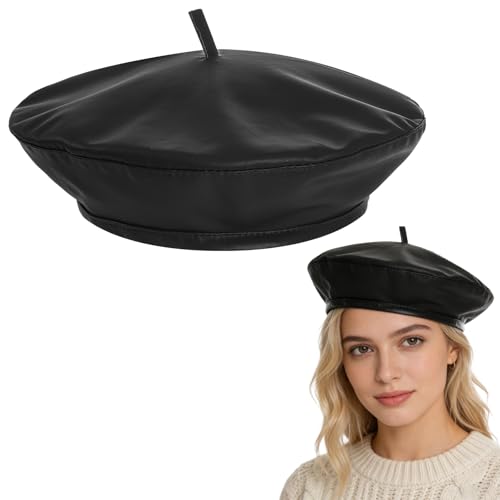 Fsfsdg Black PU Leather Beret French Beret for Women