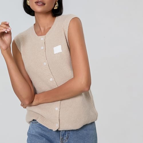 Image of Women Chunky Button Sweater Vest Sleeveless Round Neck Rib Knitted Tank Top Y2k Knitted Cardigan Vest Shirt