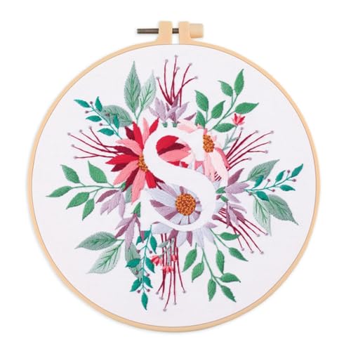 IUHUI Embroidery Kit for Beginners Adults - 26 Floral Letters Easy Patterns, DIY Hand Stitching Embroidery Set with Hoop (Flower and Grass Letter S)