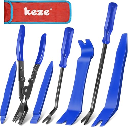 KEZE Kit de 7 outils pour retirer les garnitures en plastique et pinces pour retirer les clips de la carrosserie, des panneaux de porte et des garnitures...