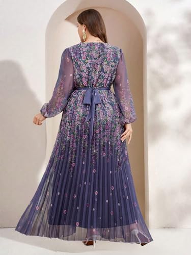 Image of Spring Summer 2024 Plus Size Womens Dresses V Neck Casual Elegant Long Sleeve Floral Print Maxi Dress