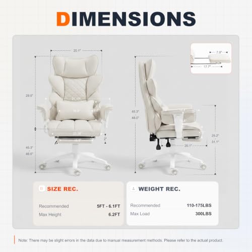 Image of Dowinx Big and Tall Office Chair with Pocket Spring Cushion,High Back Computer Gaming Chairs with Adjustable Armrests and Lumbar Support,Executive Desk Chairs with Footrest,PU -White