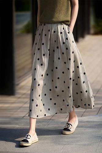 Linen Polka Dots Skirt Women Casual A-Line Midi Skirts 2025 Comfy Flowy Swing Long Skirts with Pockets3