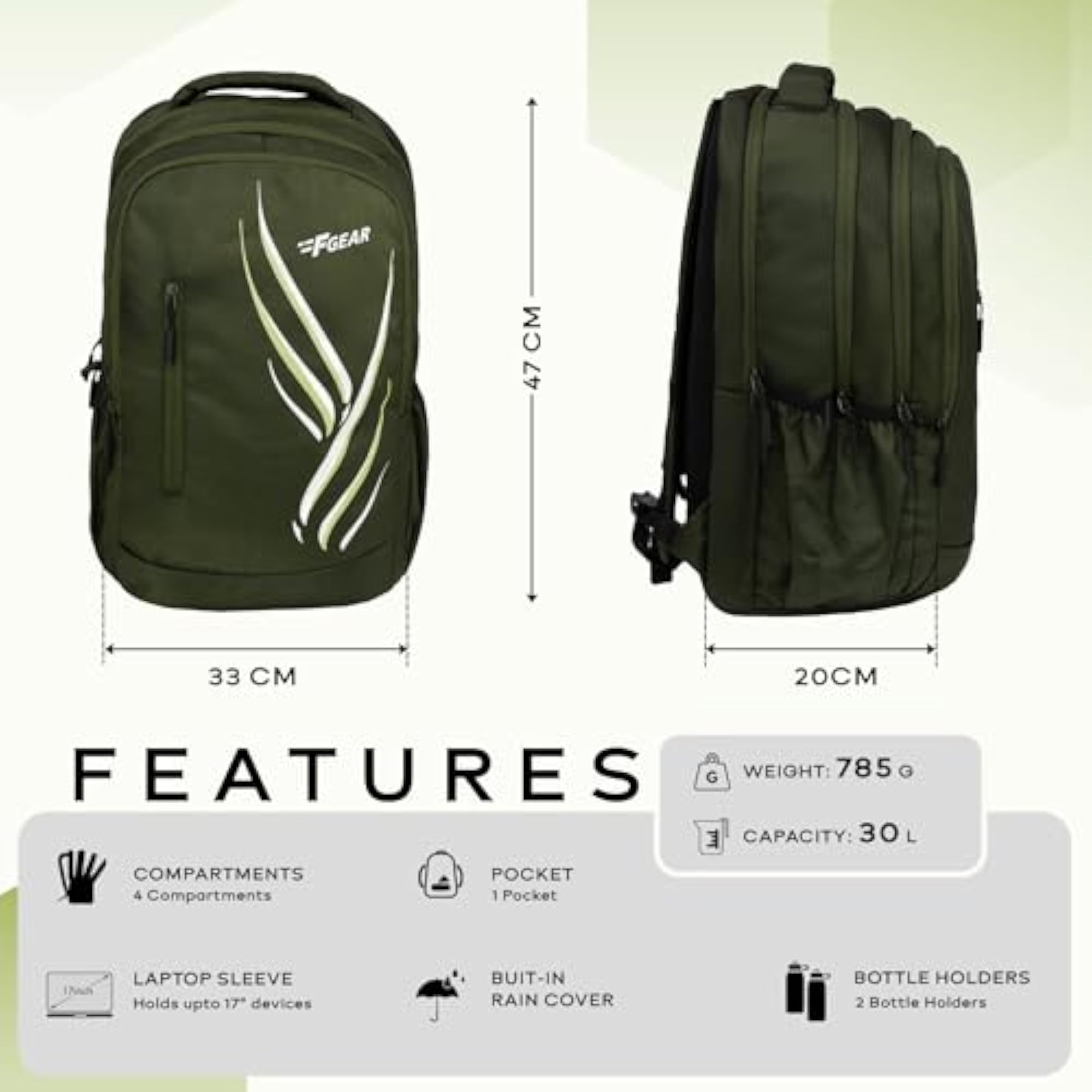 Poem Army Green 30L Backpack with Rain Cover