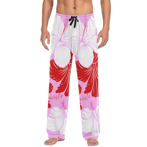 Men's Pajama Pants Red White Hibiscus Flowers Sleep Pajama Lounge Pant with Pockets, Elastic Waistband