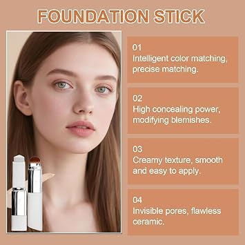 Image of Color Changing Foundation Stick with Mushroom Head Brush | Moisturizing Skin Tone Adjusting Foundation | Lightweight Natural Finish | Blendable Cream Makeup Base | Suitable for Daily Use | 13g