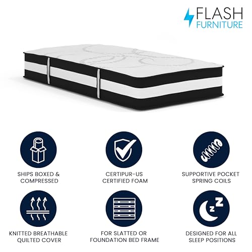 Image of Flash Furniture Capri Comfortable Sleep 12 inch Hybrid Pocket Spring and Foam Mattress in a Box, Foam Pocket Spring Hybrid Mattress for Pressure Relief, Twin