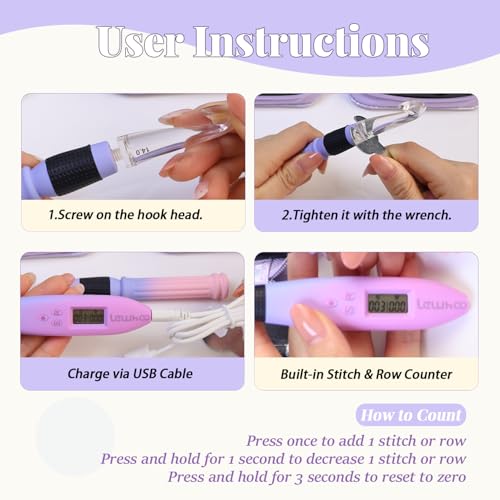 Image of Lewhoo Light up Crochet Hook, 22 in 1 Lighted Crochet Needle Easy to See Stitch with Screw Knob, Ergonomic Gradiant Crochet Hook Set Glow in Dark, Metal and Plastic Hooks Purple 2.0-14.0mm