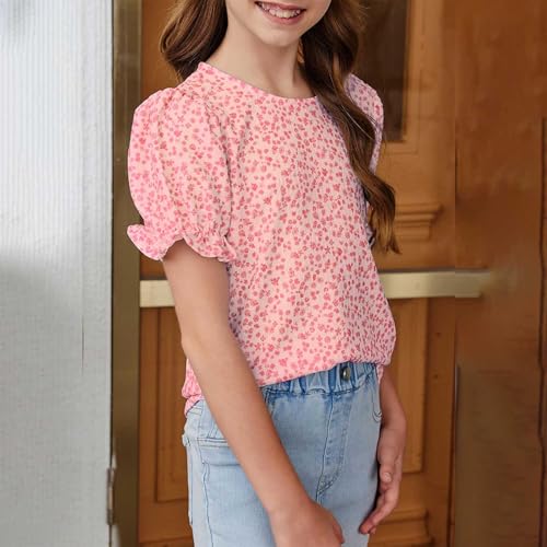 Tween Girls Boh𝗼 𝗙loral Puff Sleeve Shirt 6 to 15 Years Preppy Teens Crewneck Loose Shirts 2025 Trendy Clothes3