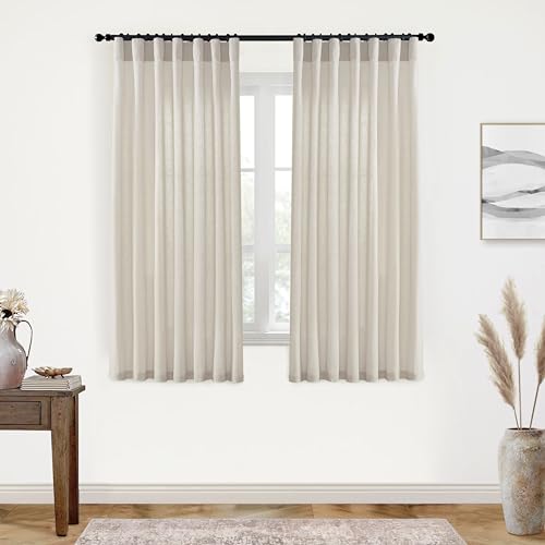 Image of XTMYI Oatmeal Beige Back Tab /Hook Belt Linen Cotton Sheer Curtains 63 Inch Length for Bedroom Living Room