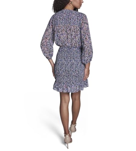 Image of BCBG Women's Long Sleeve V Neck Smocked Chiffon Ruffle Hem Mini Dress