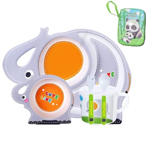 ORTOLY Kids Eco-Friendly Crockery Dinner Set Bamboo Fibre Dinnerware Toddler Self Feeding Baby Utensil Set of 5 pc Dinner Set for Kids and Baby (Wise Elephant)