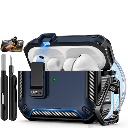 Image of for AirPods Pro 3 Case with Lock & Phone Stand(Blue) | Automatic Snap Switch Lock,Carbon Fiber Texture Design Cover with Cleaner Kit,Compatible with MagSafe