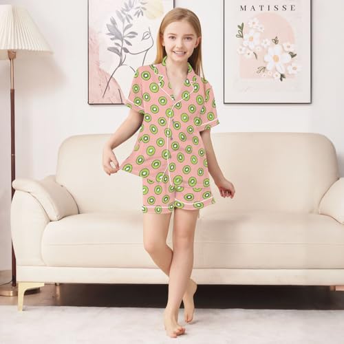 Simple Cartoon Kiwi Prints Summer Satin Pajama Set, Cute Button-Down Sleepwear Pj Set for Sleep Wears3