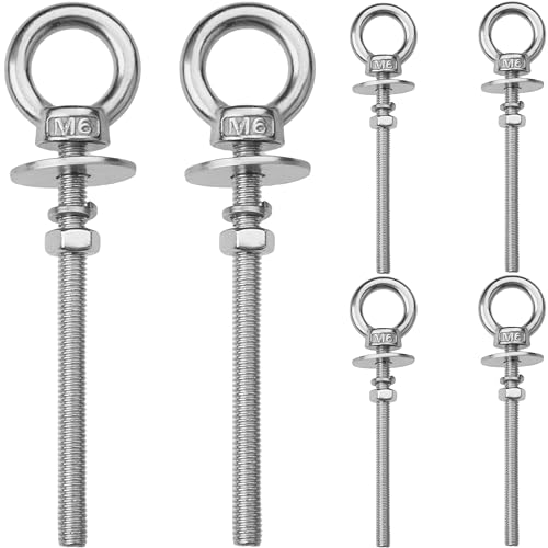 Image of 6 Pack M6 Stainless Steel Eye Bolts with Nuts, 1 /4 inch x 3 inch Eye Bolts | 304 Stainless Steel Eye Bolt,Eye Bolts Heavy Duty for Hang Tie Down Outdoor,m6 eye bolt,Long Lifting Ring Eye Bolt