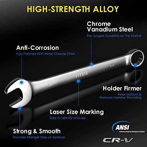 Yiyeie 16 Pcs Metric Combination Wrench Set, 8, 9, 10, 11, 12, 13, 14, 15, 16, 17, 18, 19, 20, 21, 22, 24Mm, Max Torque, 12 Point, Cr-V Steel, Combo Wrench Set With Roll-Up Pouch #TOP2